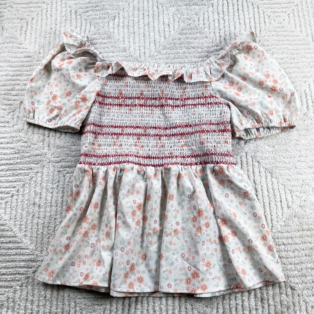 Grace Karin Peplum Top Womens Medium White Floral Smocked Cottagecore Boho Puff